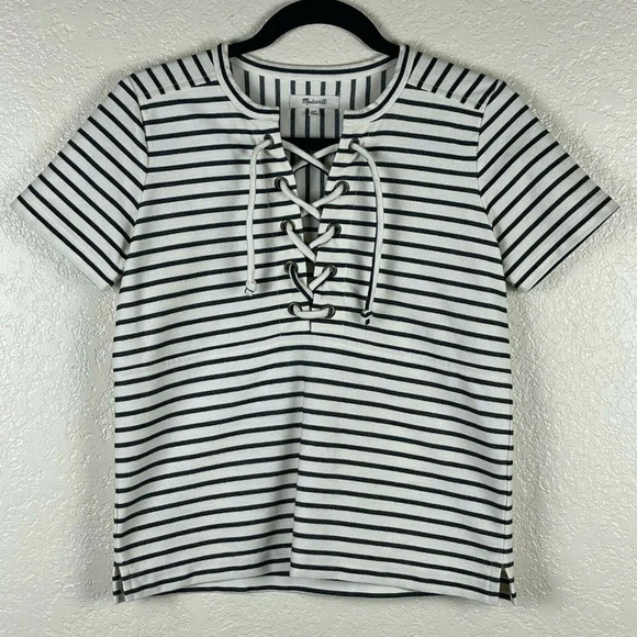 Madewell Tops - Madewell Blouse Women's Sz XS Lace-Up Crew Neck Short Sleeve Striped White Black